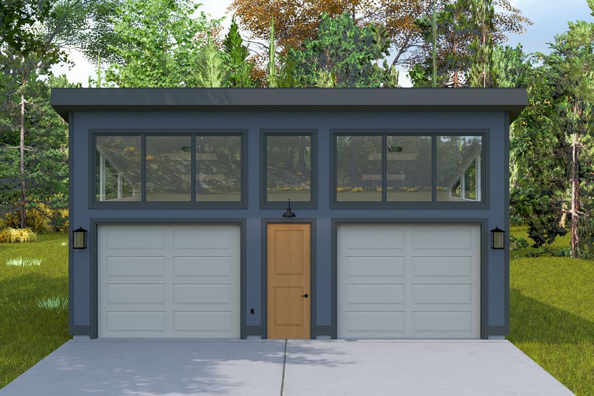 House plan exterior with flat roof, two garage doors, and a centered front door. Above garage doors are large windows.
