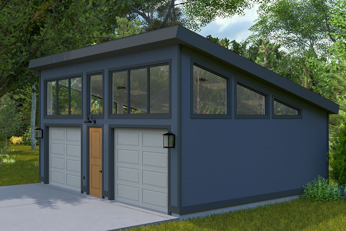 Modern garage house plan exterior with two garage doors, a central entry door, and a sloped roofline with clerestory windows.