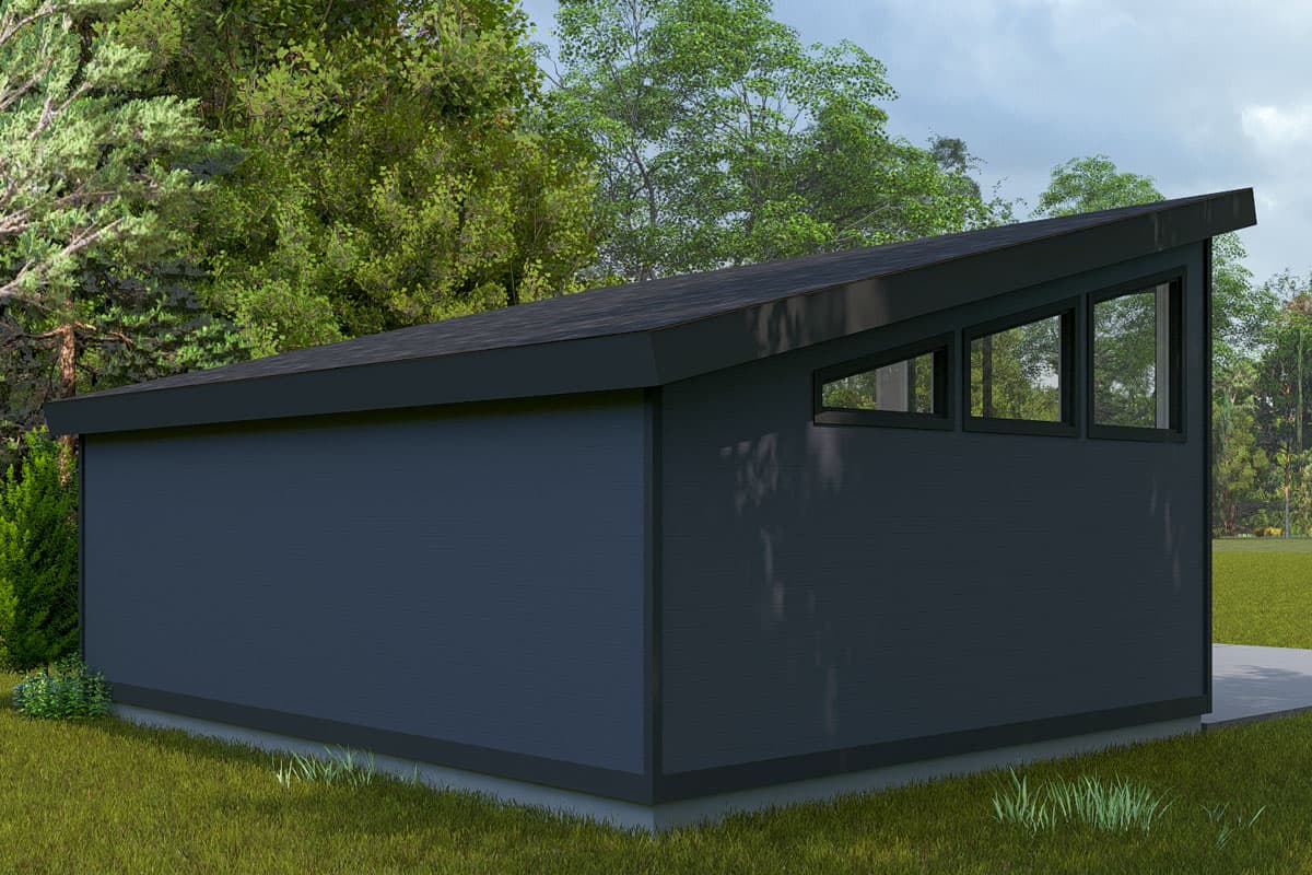 Modern house plan exterior with dark siding, a shed roofline, and a clerestory window.