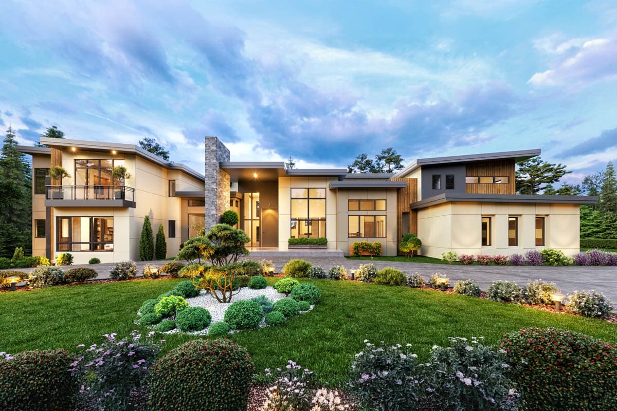 House plan exterior. Two-story modern home with a flat roof, large windows, and a balcony. Stone accent column and extensive landscaping.