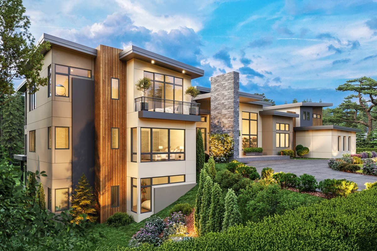 Modern house plan exterior with multiple stories, wood siding, large windows, a balcony, and a stone chimney.
