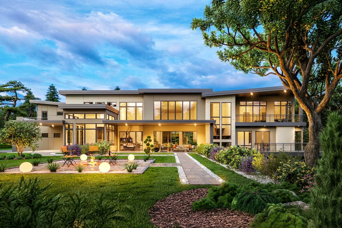 Modern house plan exterior with multiple stories, expansive glass windows, flat rooflines, and balconies.
