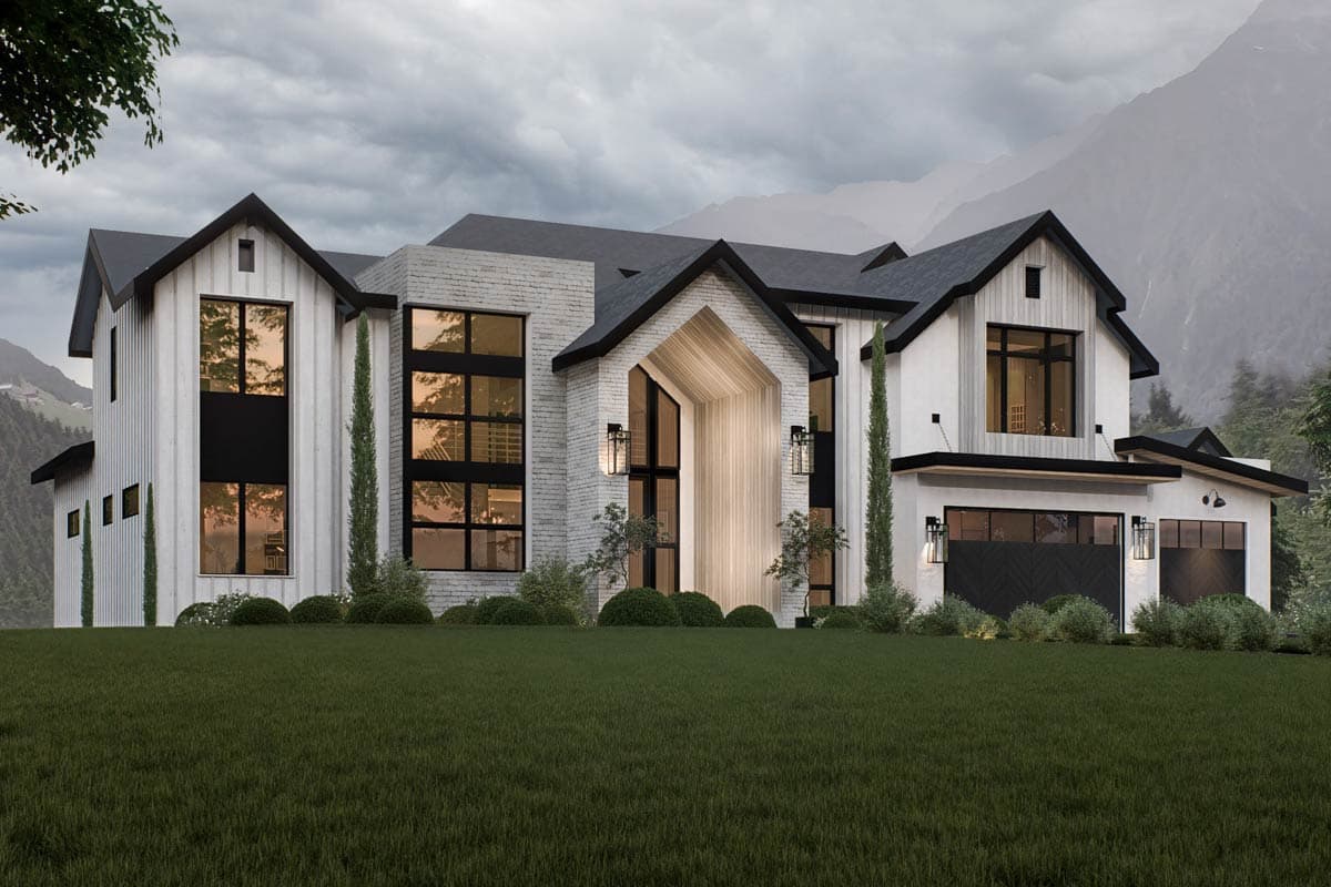 Modern house plan exterior with white vertical siding, white brick, multiple gables, and large black-framed windows.