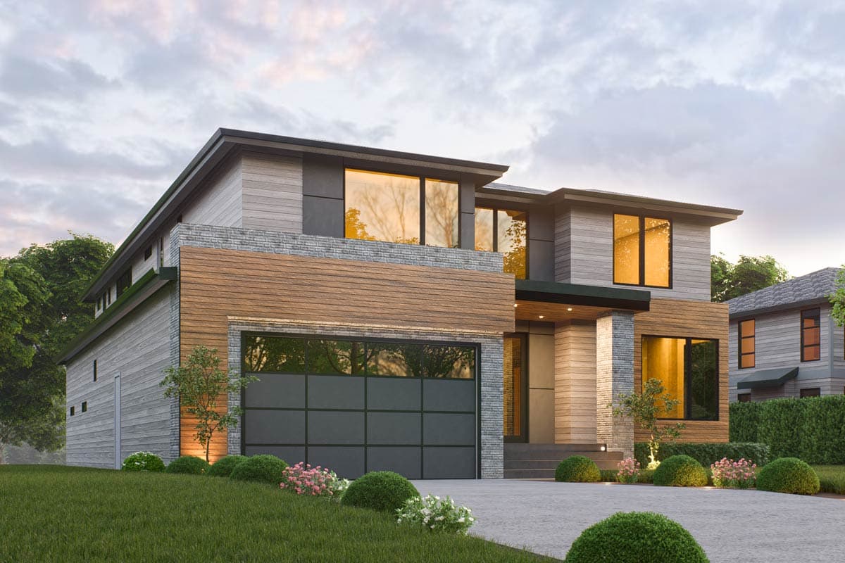 Modern house plan exterior with horizontal wood siding, stacked stone accents, cantilevered upper level, and a glass garage door.