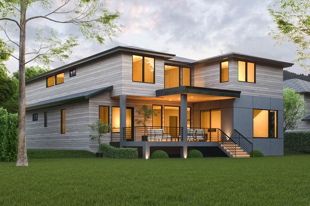 Modern two-story house plan exterior with horizontal wood siding, large windows, covered patio, and multiple gables.