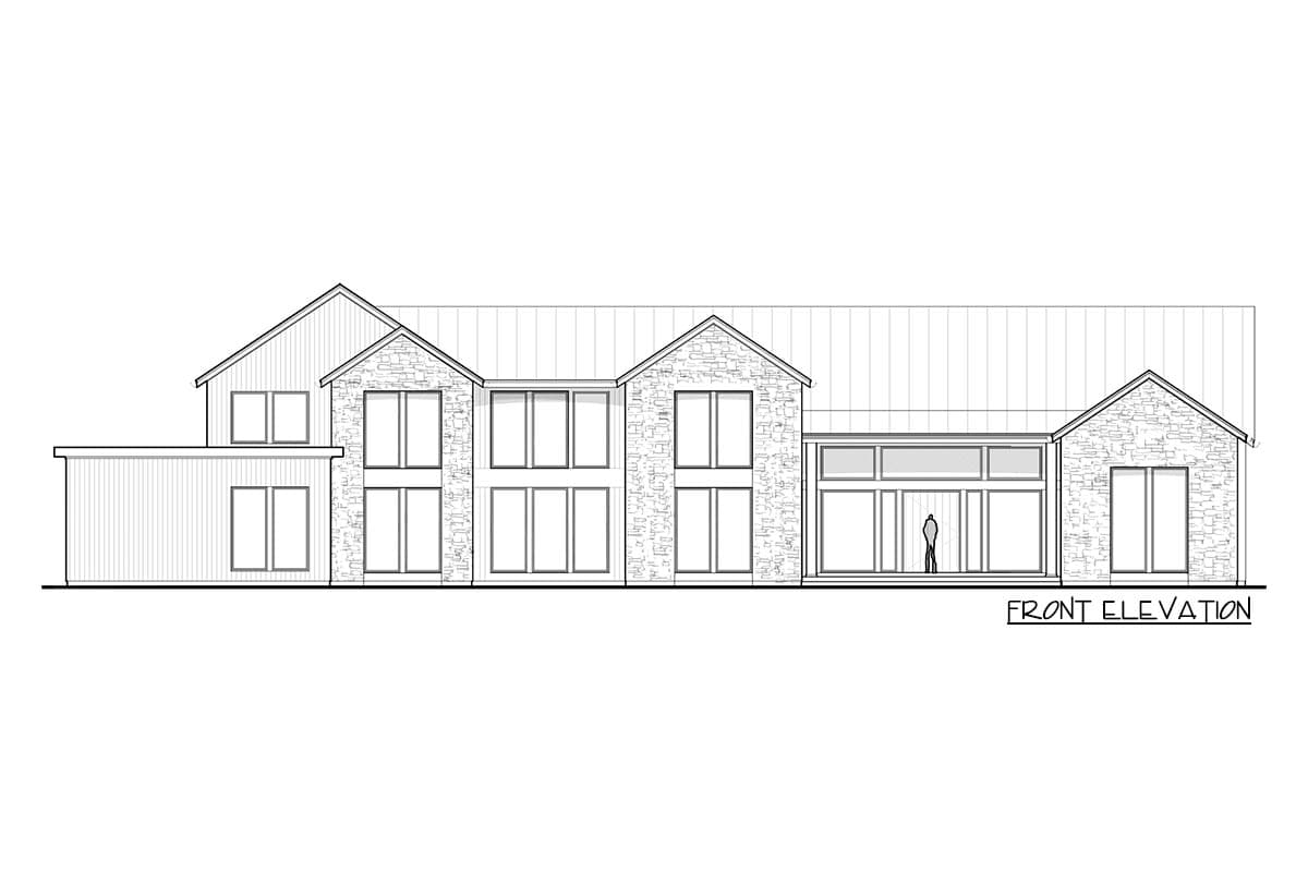 Front elevation drawing of a two-story house plan with stone accents, gables, and large windows.