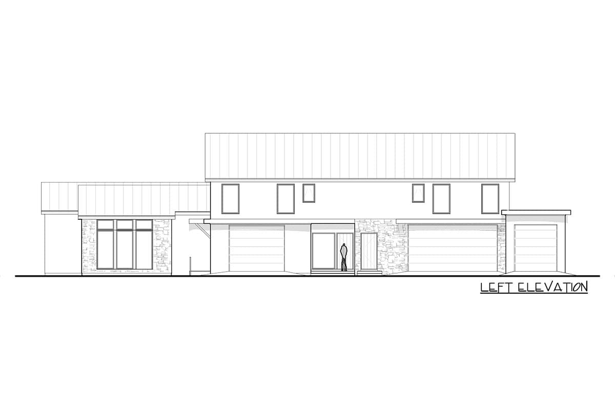 Left elevation drawing of a two-story modern house plan with metal roof, stone accents, large windows, and three garage doors.
