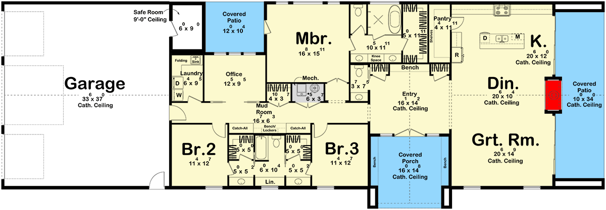 Plan 623442DJ: 3-Bed Scandinavian Ranch House Plan Cathedral Great Room - 2583 Sq Ft - Floor Plan - Main Level - Contemporary, Mid Century Modern, Ranch, Scandinavian