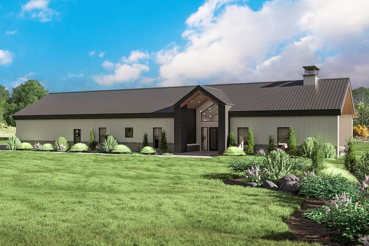 House plan exterior. Modern style, single story home with a metal roof. Features include an open entry, large windows, and a prominent gable.