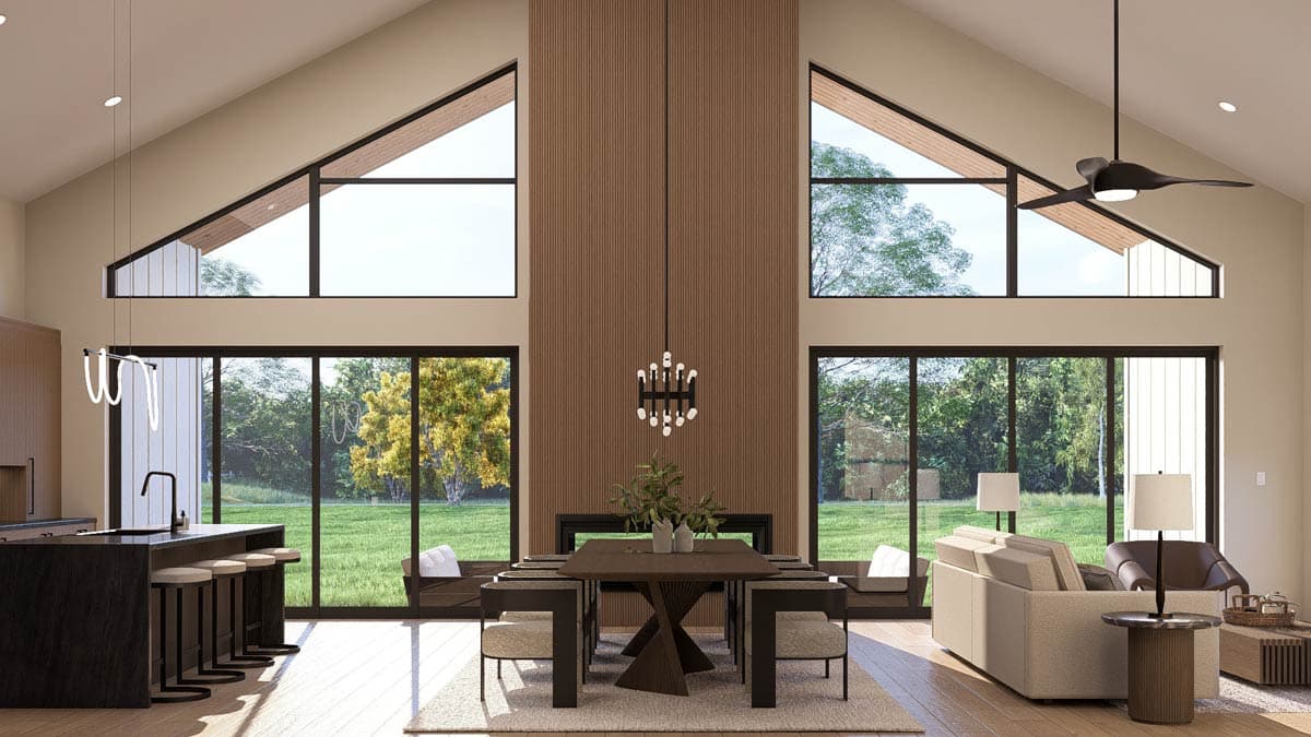 Modern interior rendering of an open-plan living and dining area with vaulted ceilings, a fireplace, and large windows.