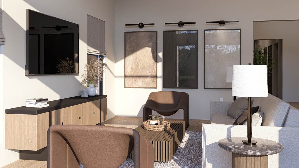 Plan 623442DJ: 3-Bed Scandinavian Ranch House Plan Cathedral Great Room - 2583 Sq Ft - Image #6 - Contemporary, Mid Century Modern, Ranch, Scandinavian