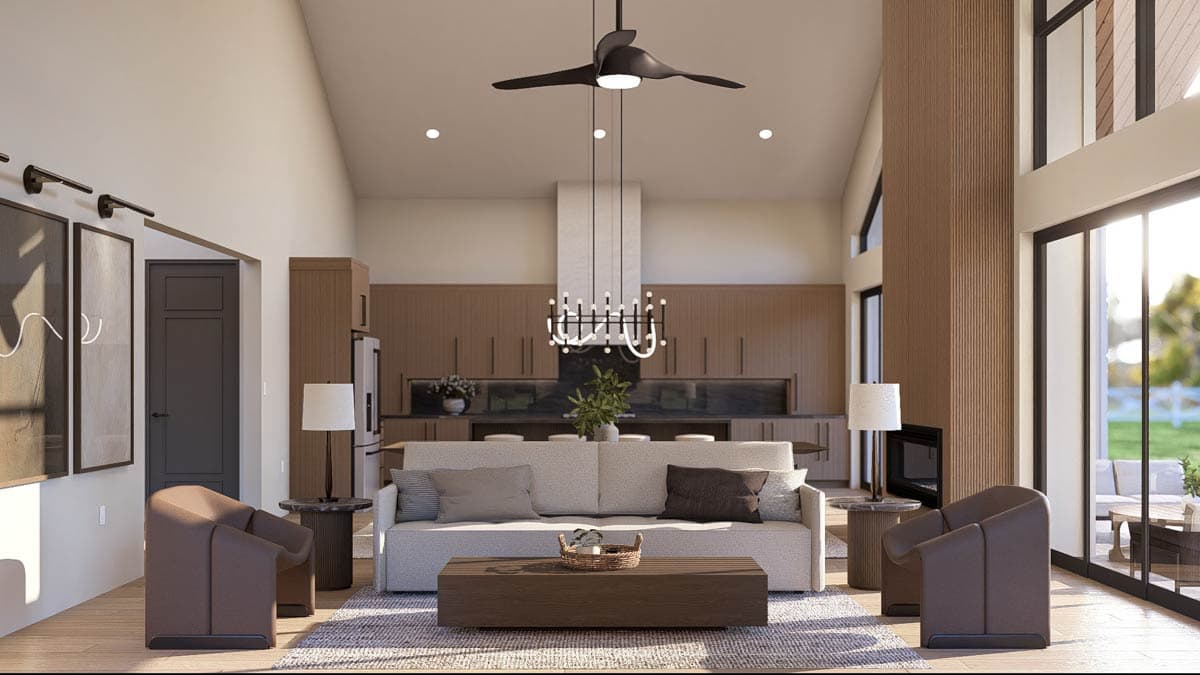 Plan 623442DJ: 3-Bed Scandinavian Ranch House Plan Cathedral Great Room - 2583 Sq Ft - Image #7 - Contemporary, Mid Century Modern, Ranch, Scandinavian