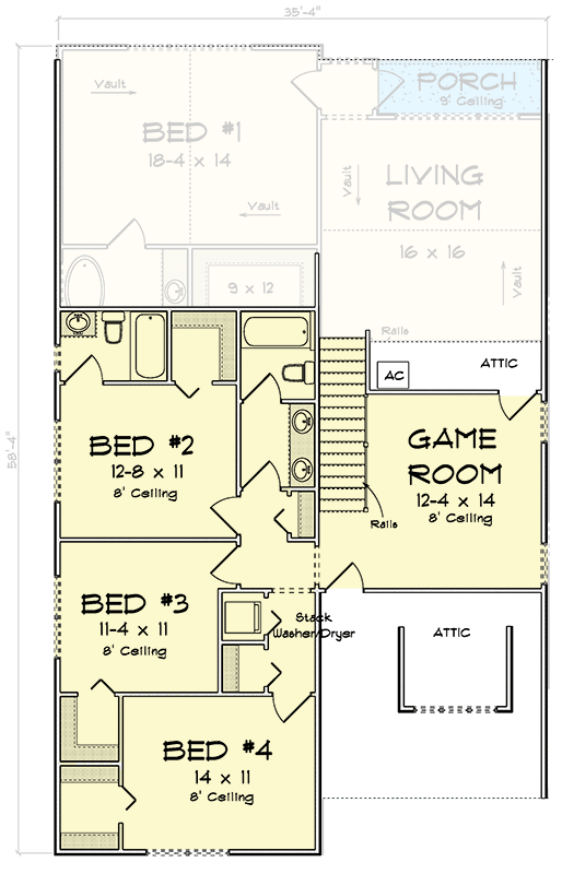 Plan 52376WM: 4-Bed Traditional House Plan with Vaulted Living Space - 2400 Sq Ft - Floor Plan - 2nd Floor - Traditional