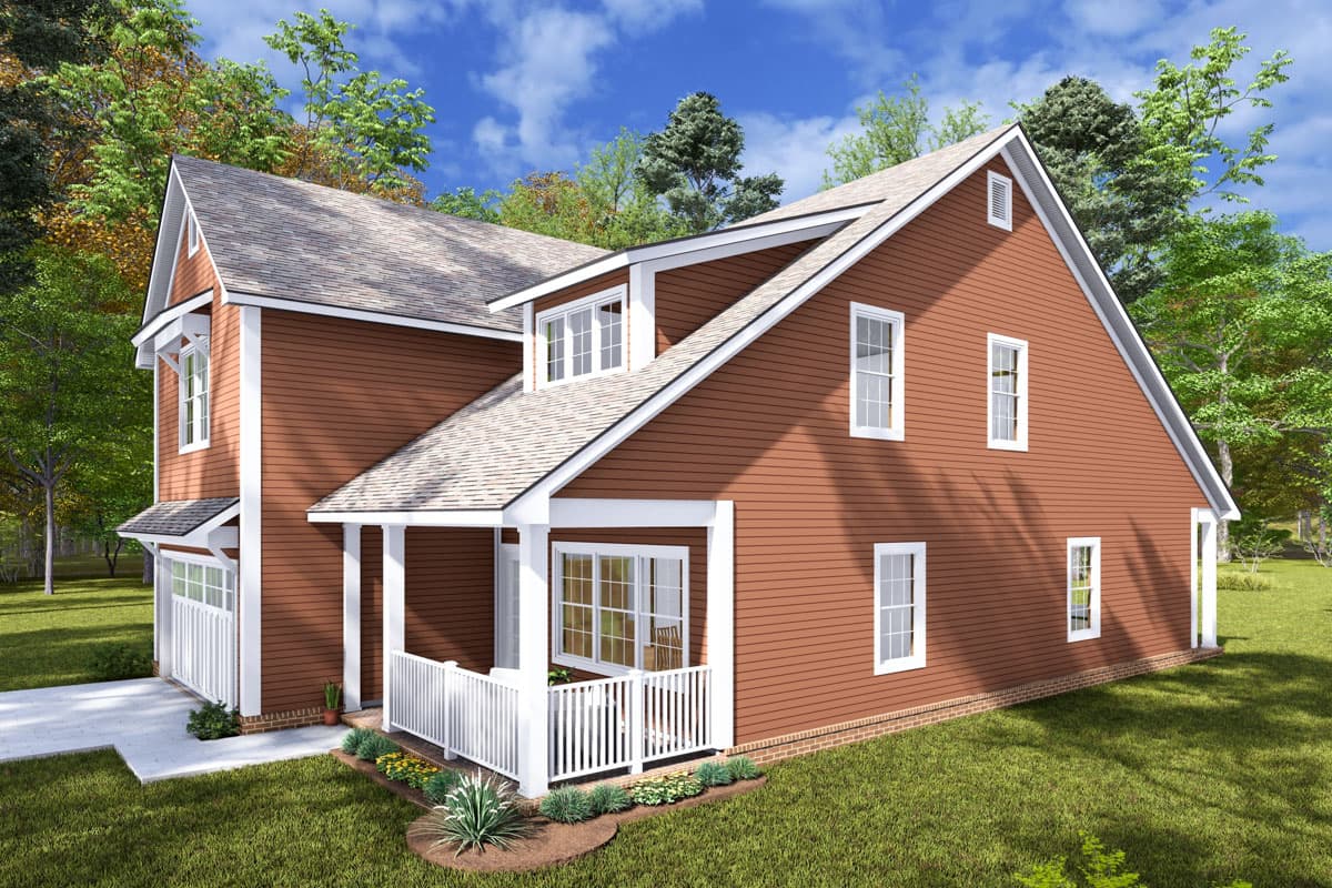 House plan exterior of a two-story home with a dormer, covered front porch with white railing, and side-entry garage.