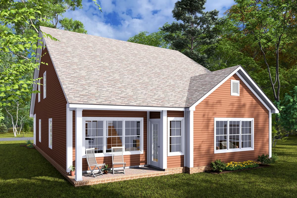 House plan exterior: One-and-a-half story, gable roof, covered porch with square columns, white-trimmed windows, and a gable vent.
