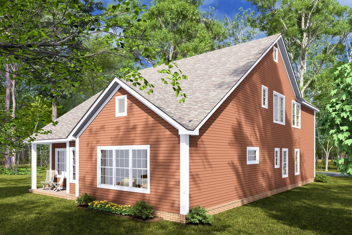 House plan exterior: Two-story home with a covered front porch, prominent front gable with vent, and multiple window configurations.