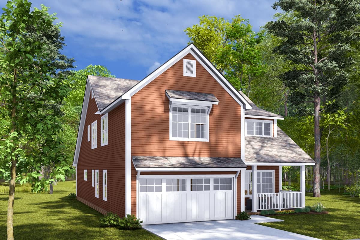 Two-story house plan exterior with a gable roof, siding, a two-car garage, and a covered front porch.