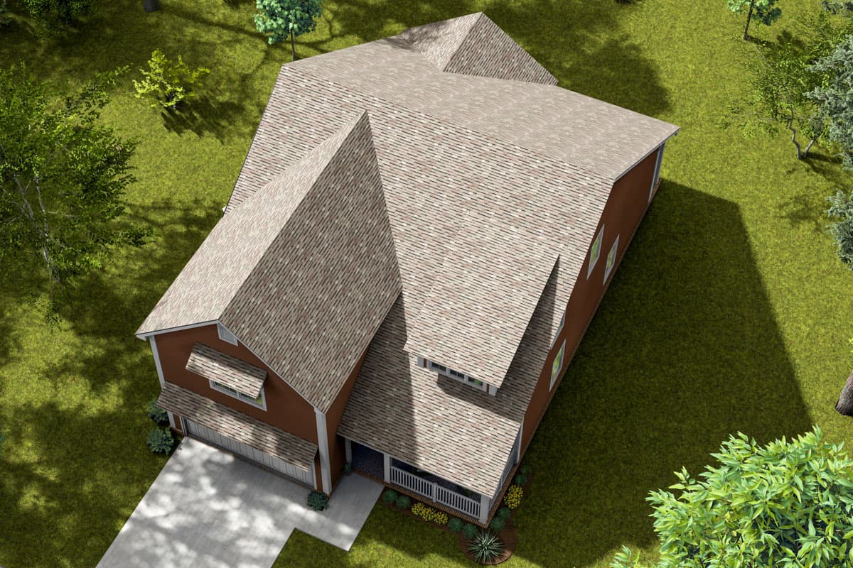 House plan exterior, two-story home with a gable roof, front porch, and attached garage.