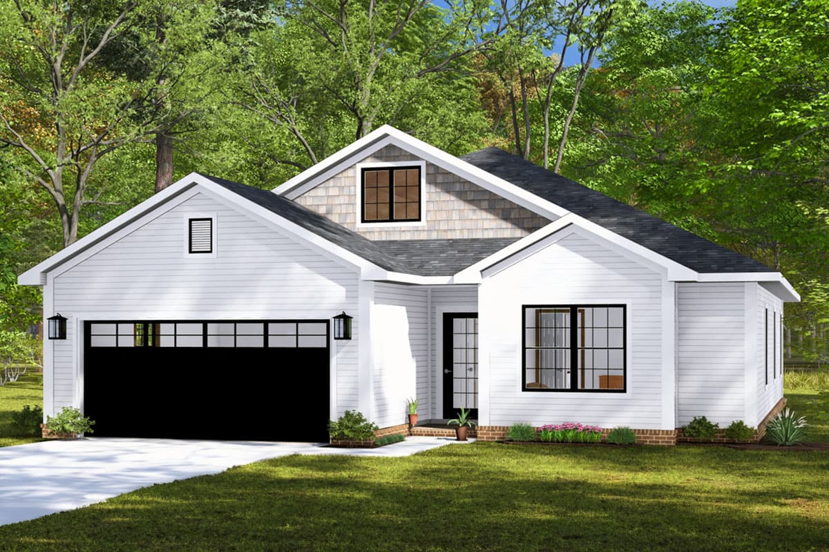 House plan exterior with two stories and a gable roof. Features include a front-facing garage, dormer, and contrasting black-framed windows.