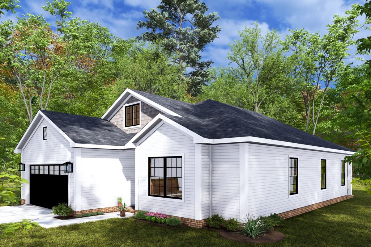 House plan exterior: Modern Farmhouse style, one-story, with attached garage, gables, and prominent rooflines.