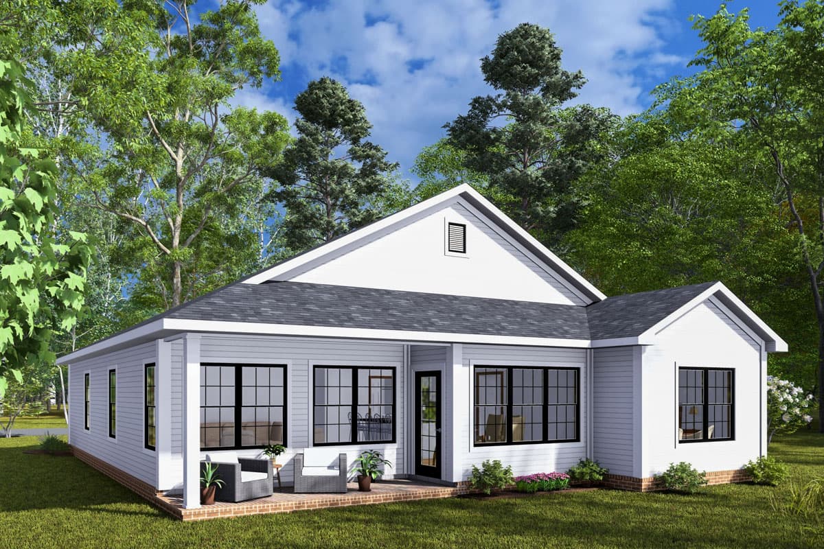 House plan exterior of a single-story Modern Farmhouse with a gabled roof, front porch, and numerous large windows.