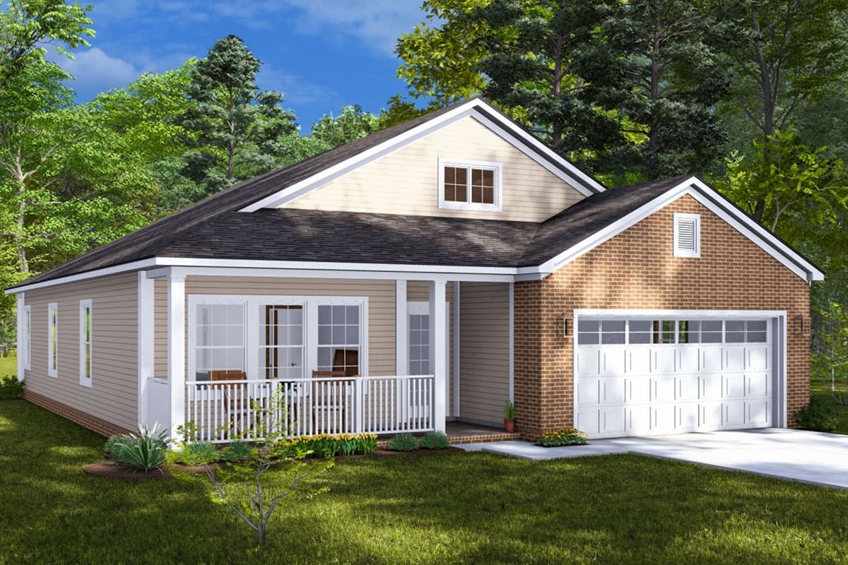 House plan exterior: single-story, tan siding, brick front, front porch, gable dormer, attached garage.