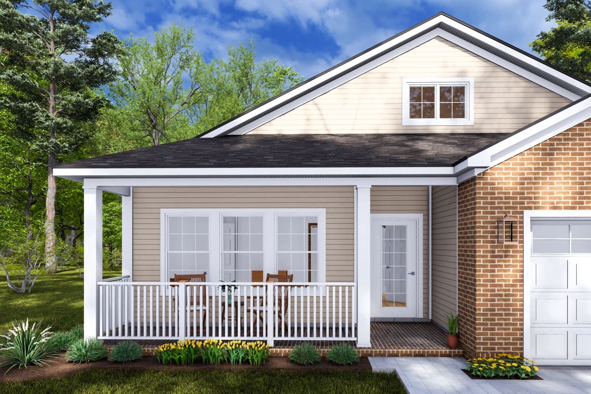 House plan exterior with gabled dormer, covered porch with white railing, and brick and siding facade.