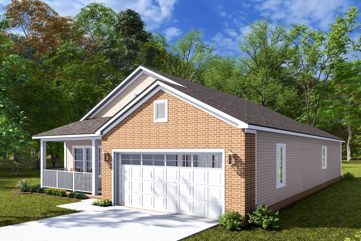 House plan exterior: Ranch style, brick and siding facade, gable dormer, front-facing garage, covered porch.