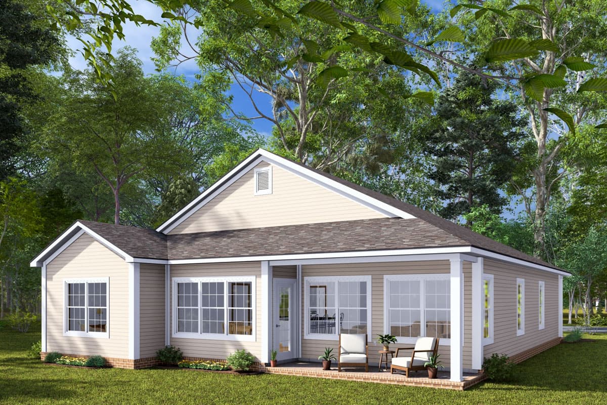 House plan exterior of a single-story home with a gable roof, covered porch, and numerous double-hung windows.