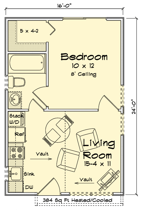Plan 52379WM: 1-Bed ADU Shingle Cottage with Vaulted Living Space - 384 Sq Ft - Floor Plan - Main Level - Cottage, Country, Shingle
