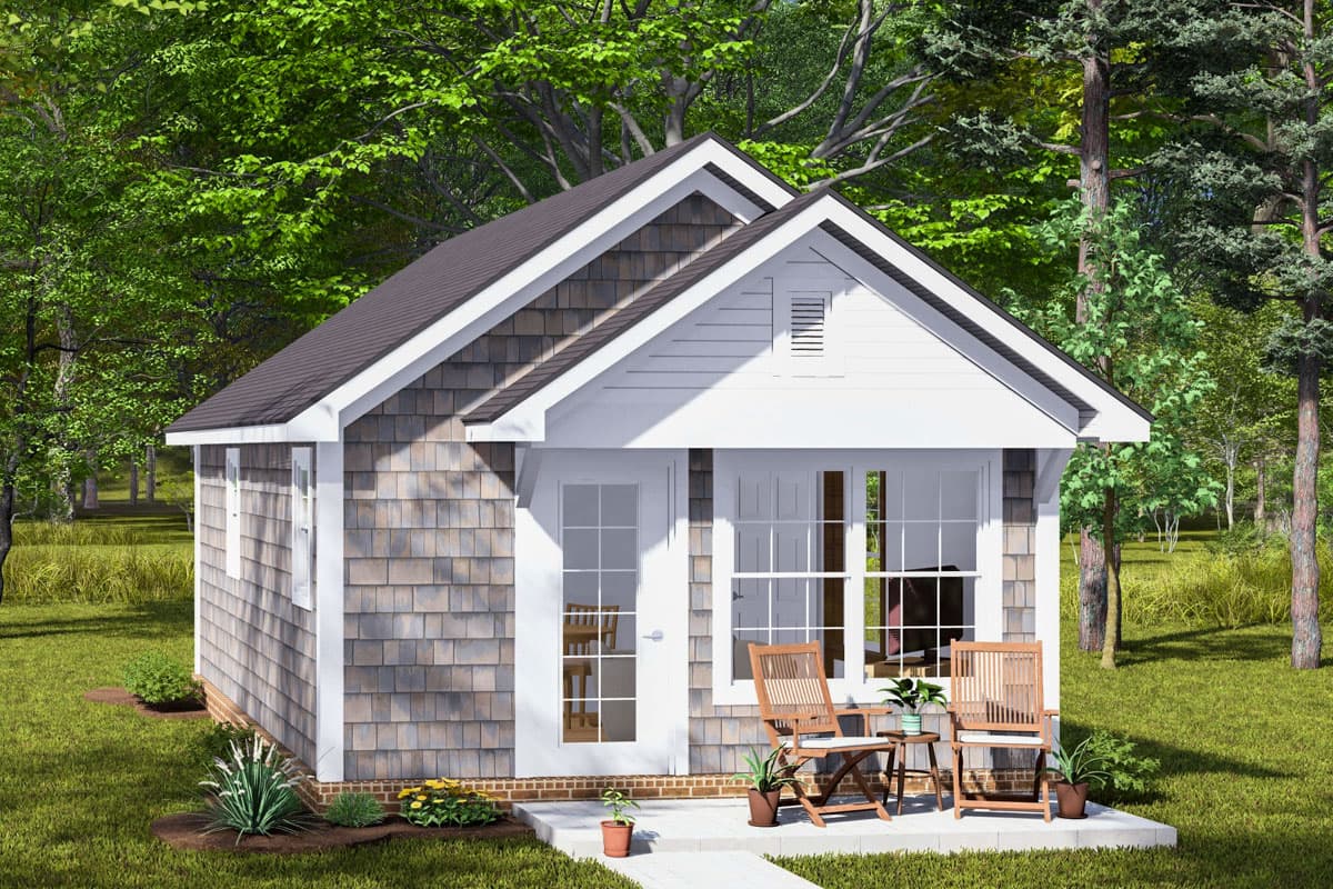 House plan exterior. Cottage style with a single story, front-facing gable roof, and paneled front entry doors. Features shingle siding.