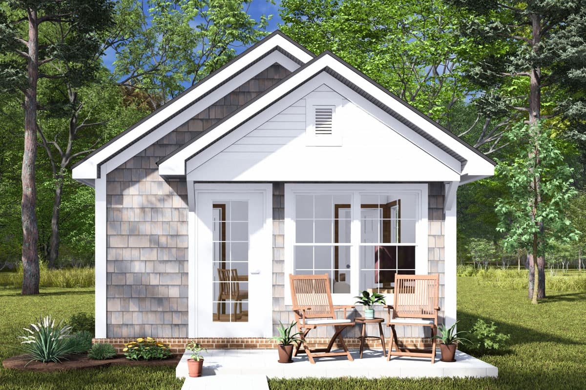 House plan exterior: Cottage style, one story, with gable roof, shake siding, and double french doors.