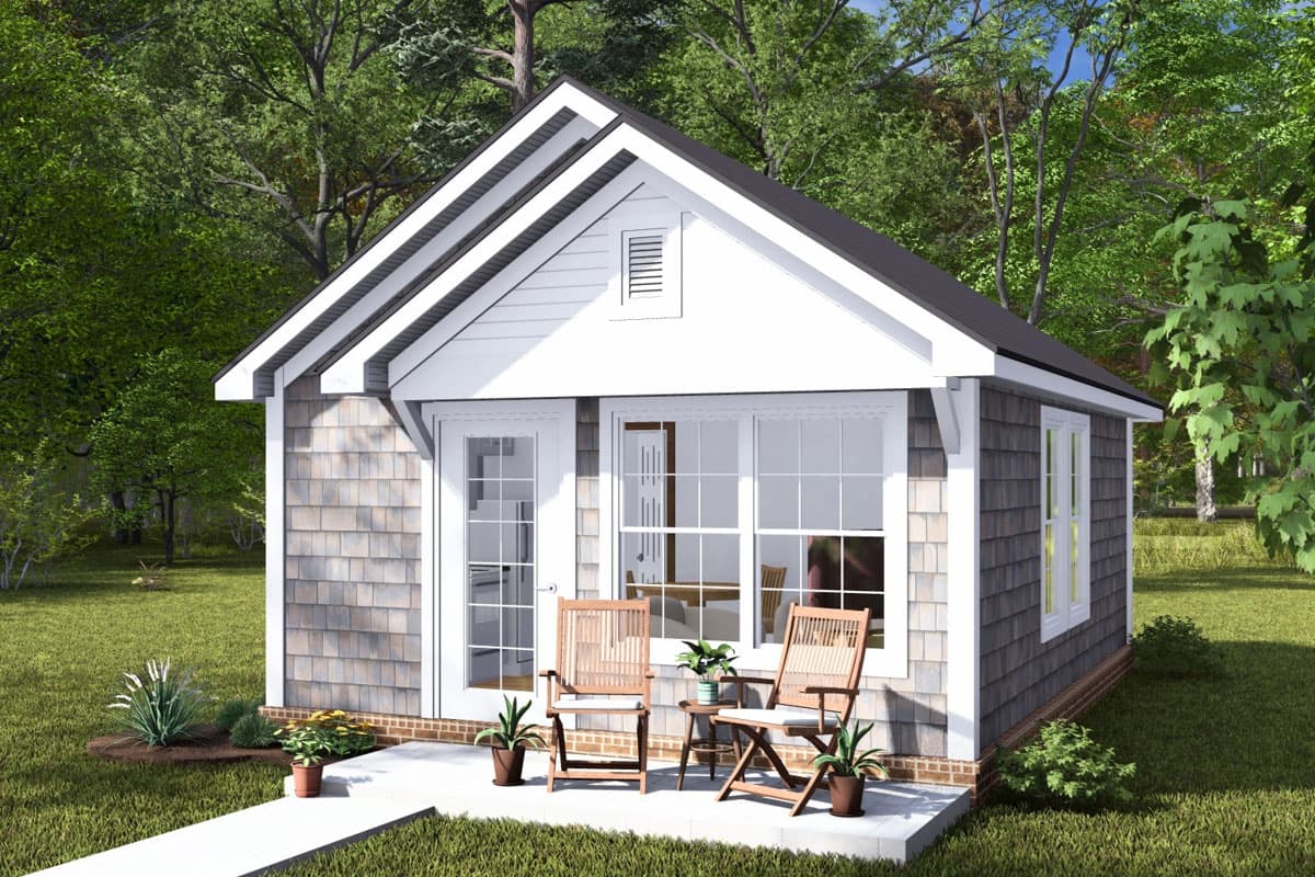 House plan exterior, one story, gable roof with visible rafters, shingle siding, and French doors.