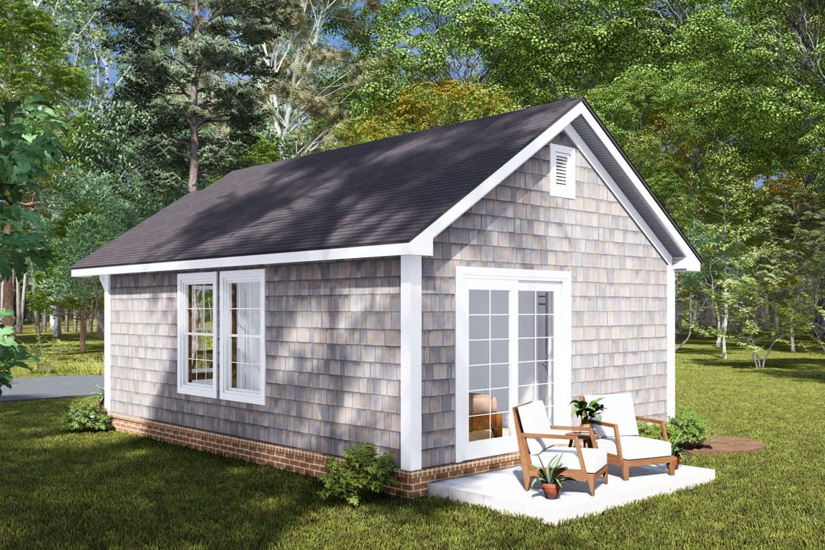 House plan exterior: Single-story cottage with gable roof, cedar shingle siding, a central gable vent, and French doors.