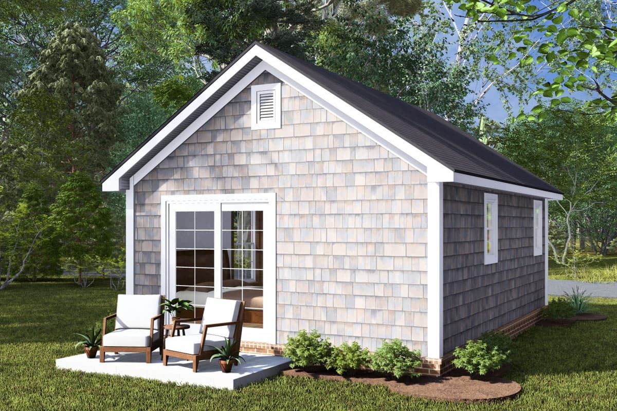 House plan exterior: One-story structure with gable roof, shingle siding, sliding glass doors, and a dormer window.