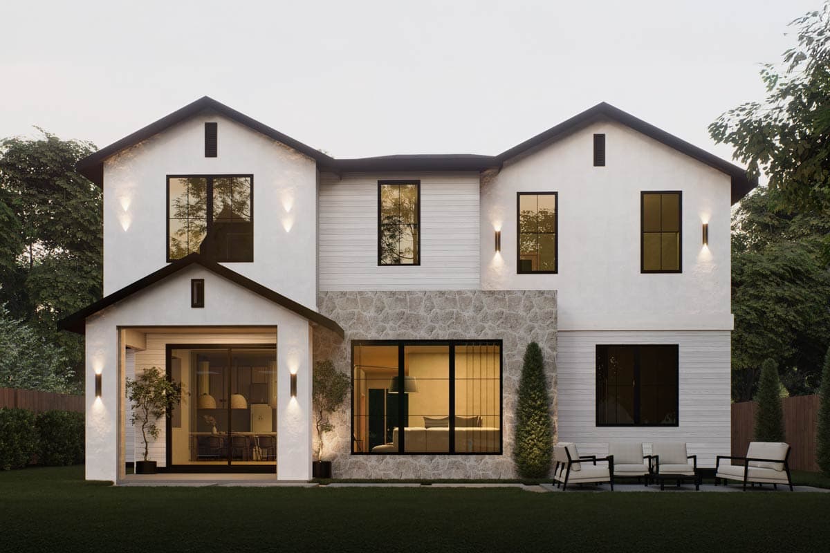 Modern Farmhouse house plan exterior: two stories, white stucco, stone accent, multiple gables, and large black-framed windows.