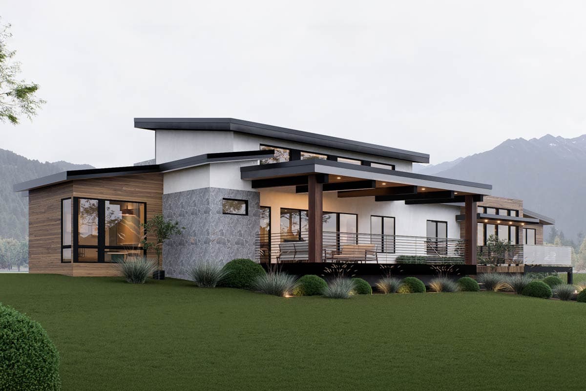 Modern house plan exterior with wood siding, stone accents, multiple rooflines, and a covered deck.