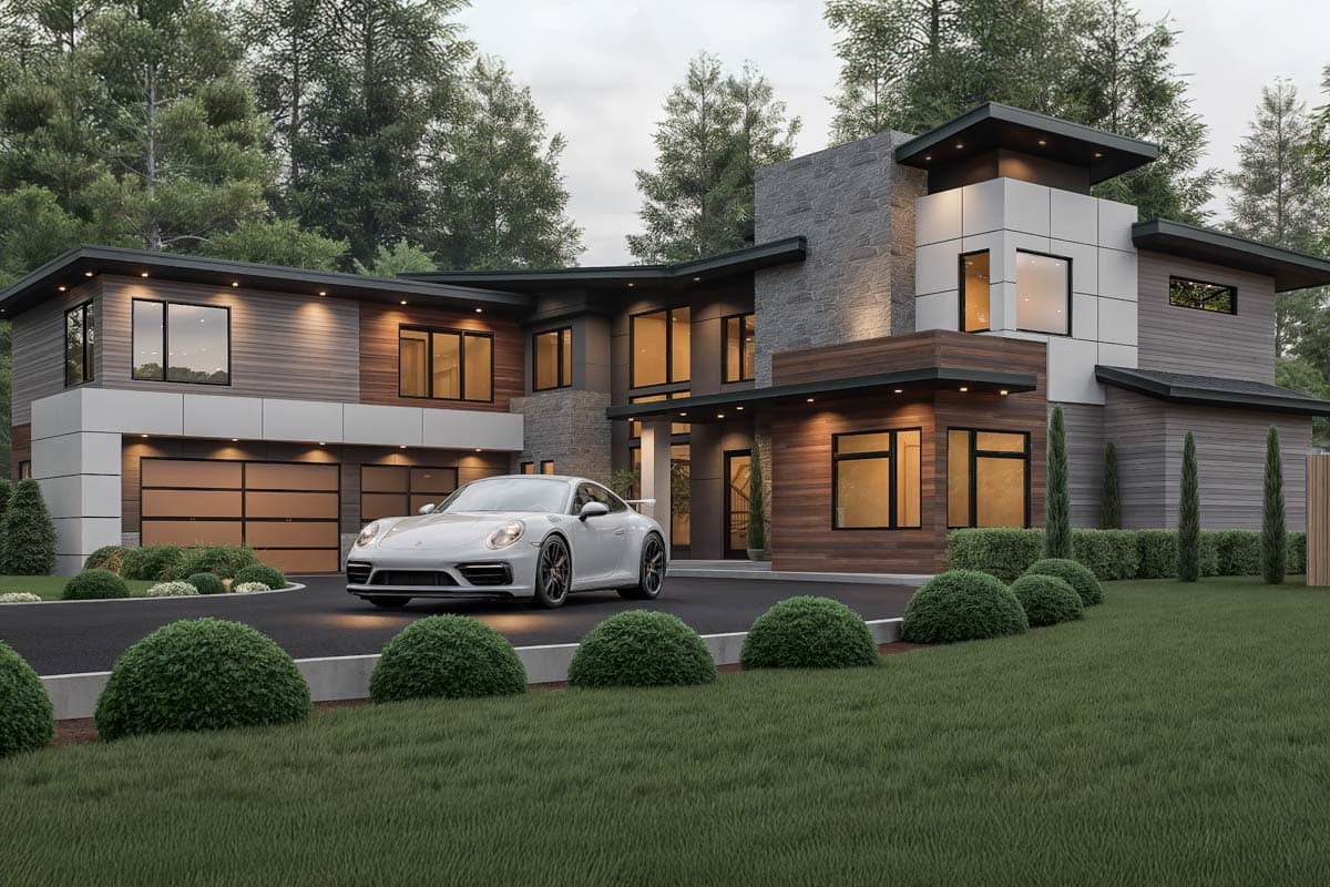 House plan exterior. Modern style, two-story home. Features include a flat roof, mixed siding, and an attached garage. A car sits in the driveway.