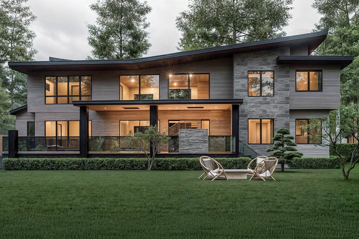 Modern house plan exterior with wood siding, stone accents, cantilevered upper level, and covered patio with glass railings.