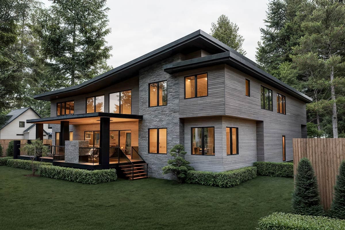Modern house plan exterior with stone and wood siding, cantilevered roof, covered porch, and extensive glazing.