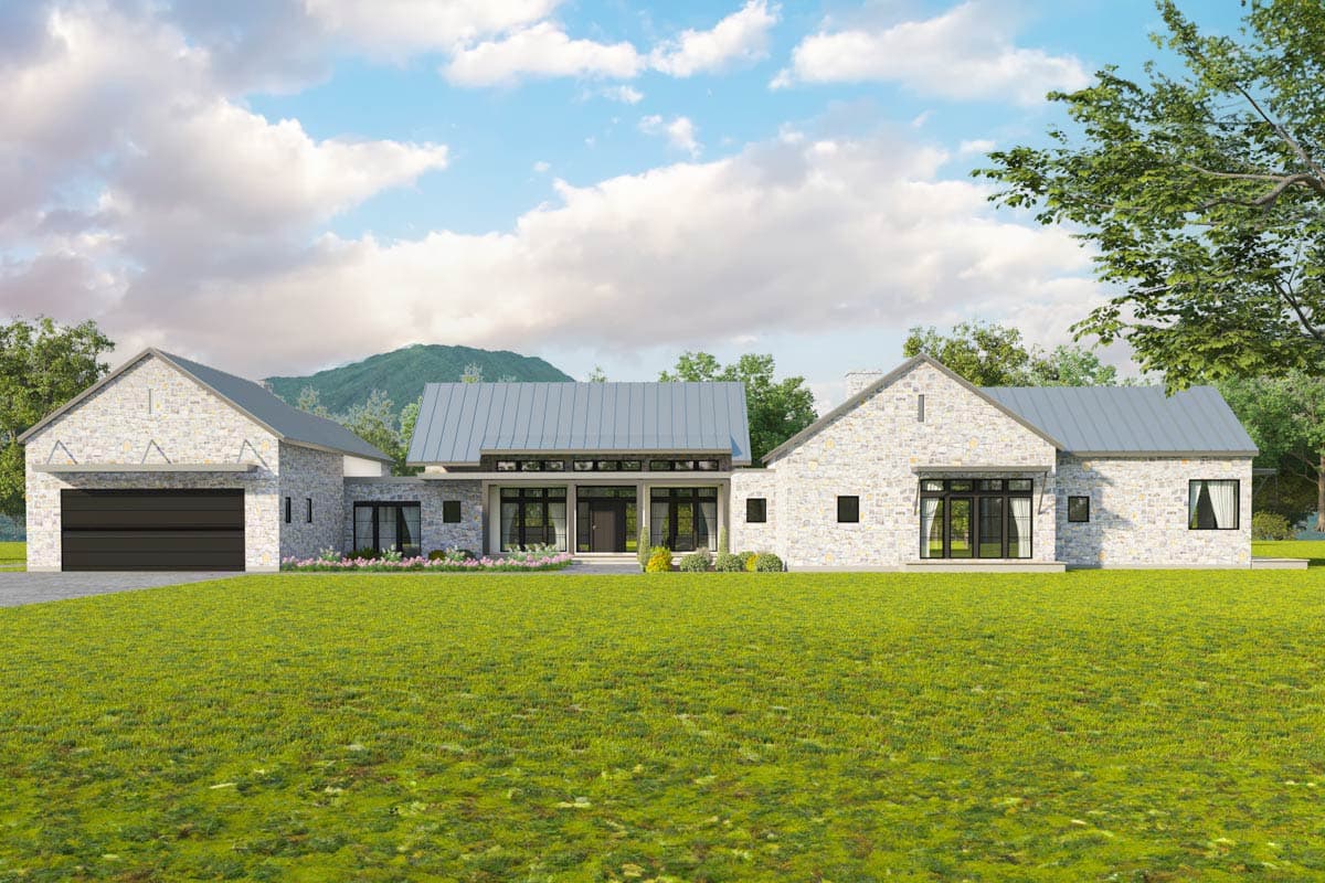 House plan exterior with stone veneer, flat roof, and attached garage. Features include a covered entry and a linear roofline, set on a green lawn.