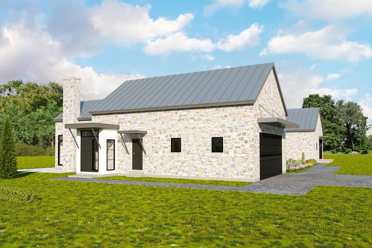 House plan exterior: single-story modern home with stone facade, gabled metal roof, garage, and prominent chimney.