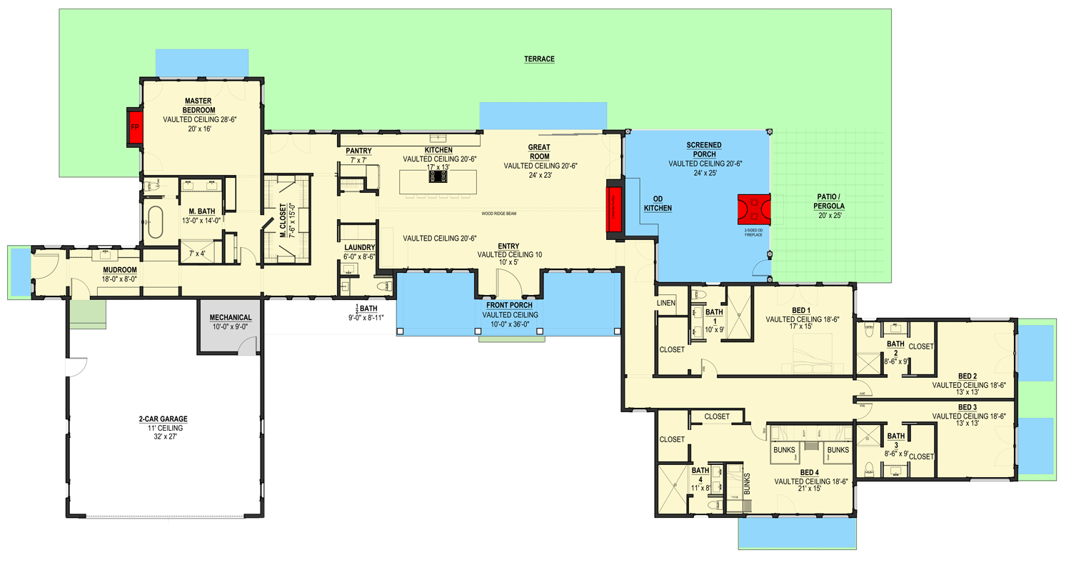 Plan 670001NEA: 5-Bed Contemporary Hill Country Style Ranch House Plan Under 4500 Sq Ft - Floor Plan - Main Level - Contemporary, Hill Country, Ranch, Transitional