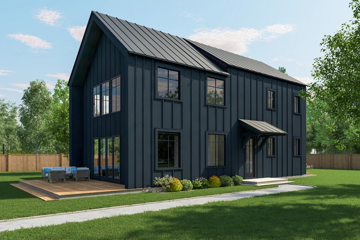 House plan exterior. Two-story modern farmhouse with a metal roof, board-and-batten siding, and a covered entry. Features large windows and a deck.
