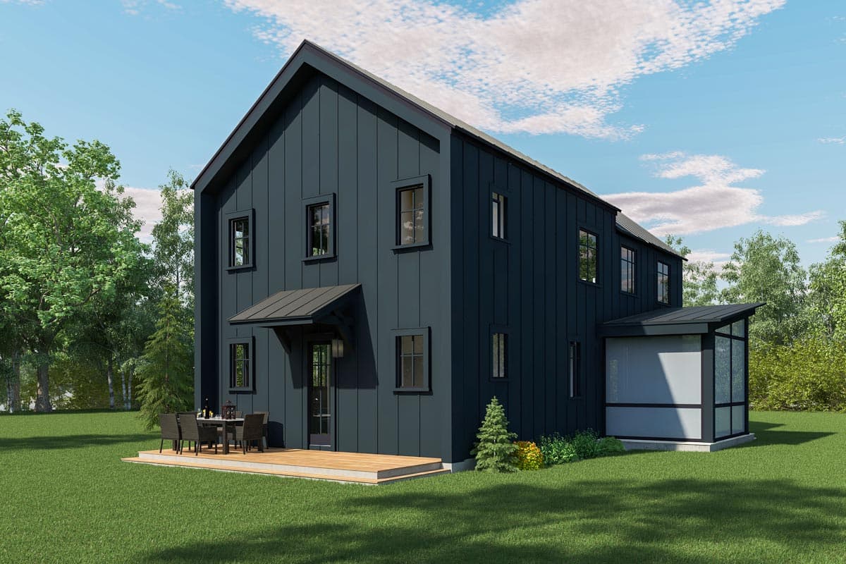 Modern Farmhouse house plan exterior, two stories, with a gabled roof, shed roof porch, and a sunroom addition.