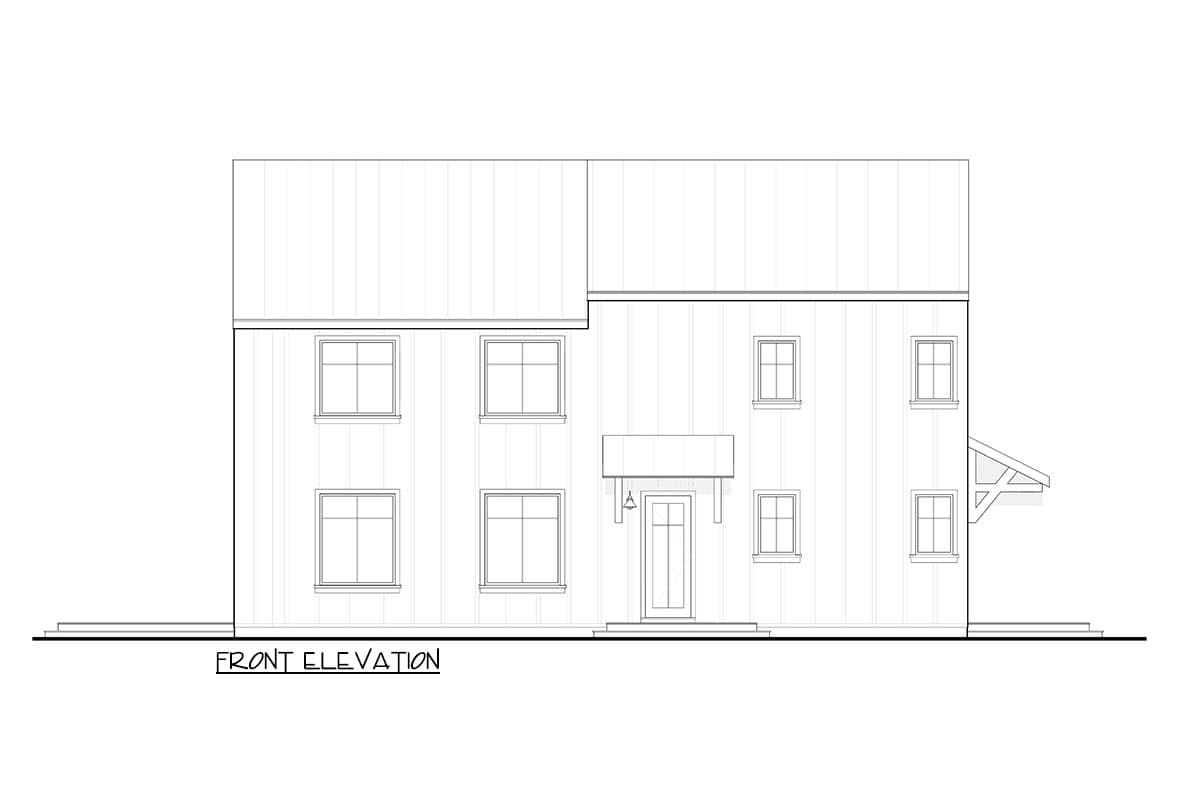 Front elevation drawing of a two-story house with a porch, multiple windows, and a gabled side overhang.