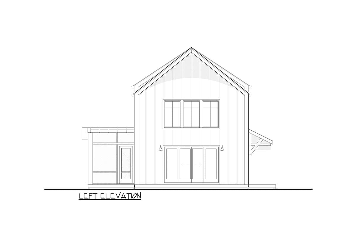 Left elevation drawing of a modern house with a gable roof, large windows, and an attached screened porch.