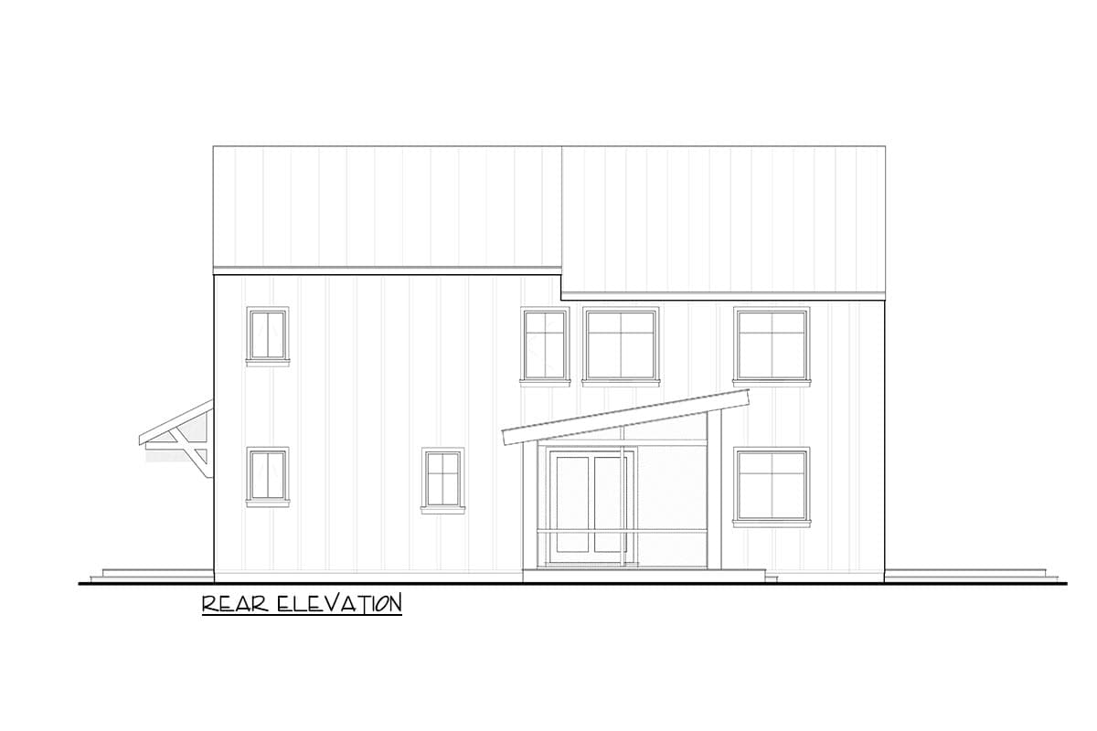 Rear elevation drawing of a two-story house with vertical siding, multiple windows, and a modern shed-roof porch over double doors.
