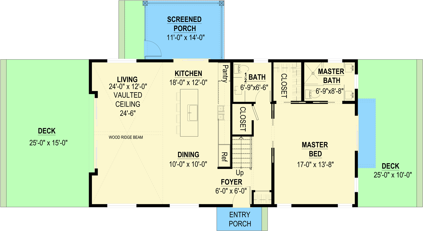 Plan 670003NEA: 2-Bed Barn-Style Modern Farmhouse Plan with Loft and First Floor Master - 1950 Sq Ft - Floor Plan - Main Level - Barndominium, Cottage, Modern Farmhouse, New American, Vacation