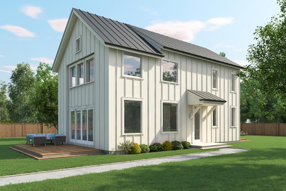 House plan exterior. Two-story Modern Farmhouse style with metal roof. Features include gabled roof, vertical siding, and front porch with shed roof.